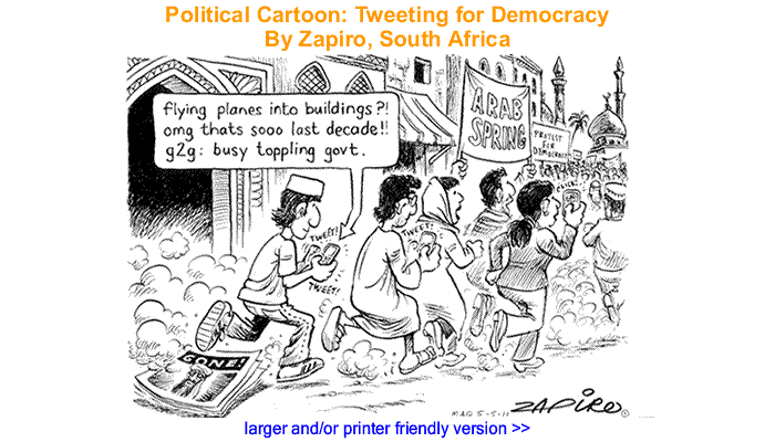 Political Cartoon - Tweeting for Democracy By Zapiro, South Africa