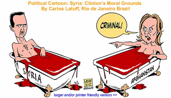 Political Cartoon - Syria: Clinton’s Moral Grounds By Carlos Latuff, Rio de Janeiro Brazil