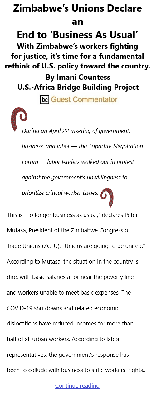 BlackCommentator.com May 13, 2021 - Issue 865: Zimbabwe’s Unions Declare an End to ‘Business As Usual’ By Imani Countess, U.S.-Africa Bridge Building Project, BC Guest Commentator