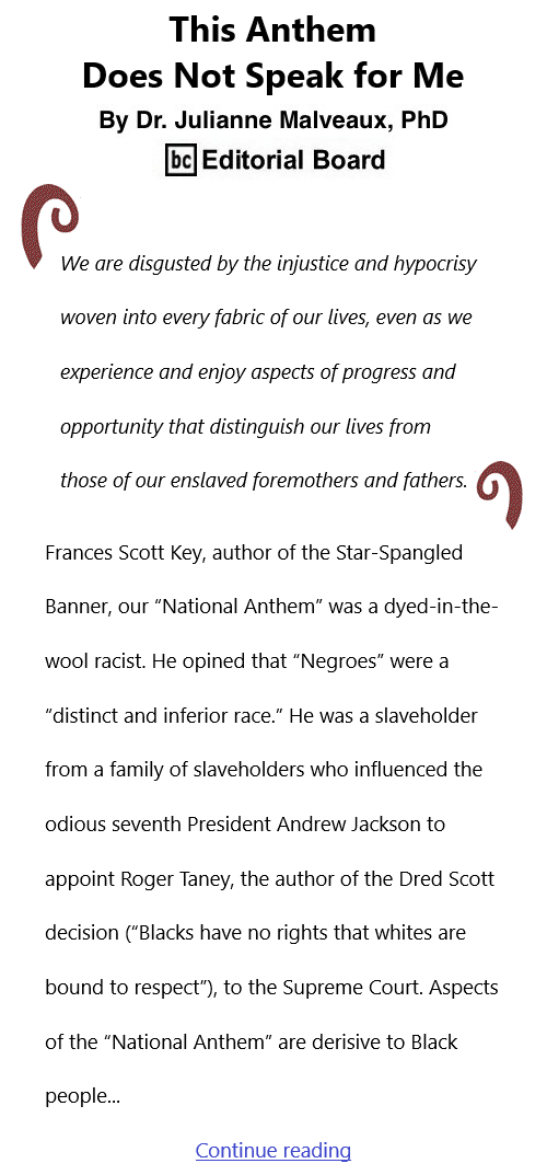 BlackCommentator.com July 1, 2021 - Issue 872: This Anthem Does Not Speak for Me By Dr. Julianne Malveaux, PhD, BC Editorial Board