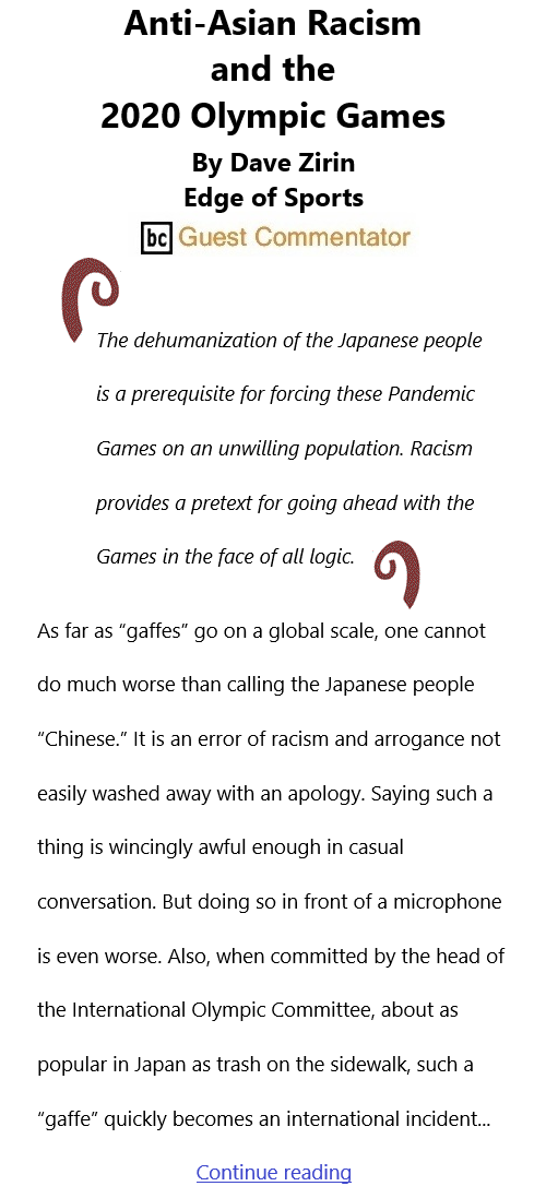 BlackCommentator.com July 29, 2021 - Issue 876: Anti-Asian Racism and the 2020 Olympic Games - By Dave Zirin, Edge of Sports, BC Guest Commentator