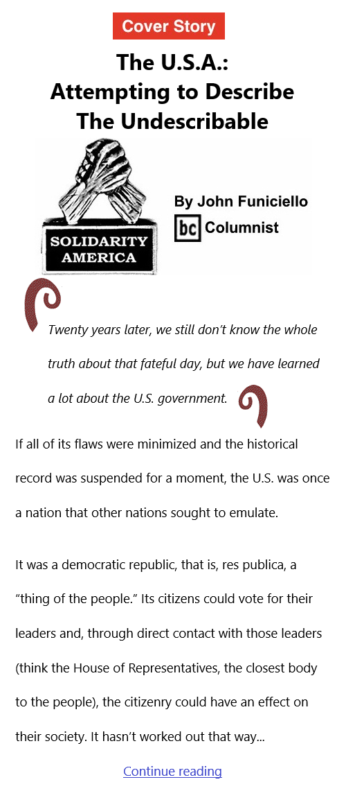 BlackCommentator.com Sept 16, 2021 - Issue 879 Cover Story: The U.S.A.: Attempting to Describe The Undescribable - Solidarity America By John Funiciello, BC Columnist