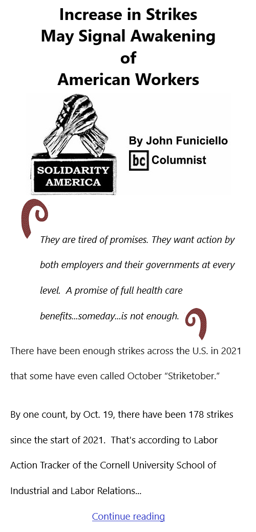 BlackCommentator.com Dec 2, 2021 - Issue 890: Increase in Strikes May Signal Awakening of American Workers - Solidarity America By John Funiciello, BC Columnist