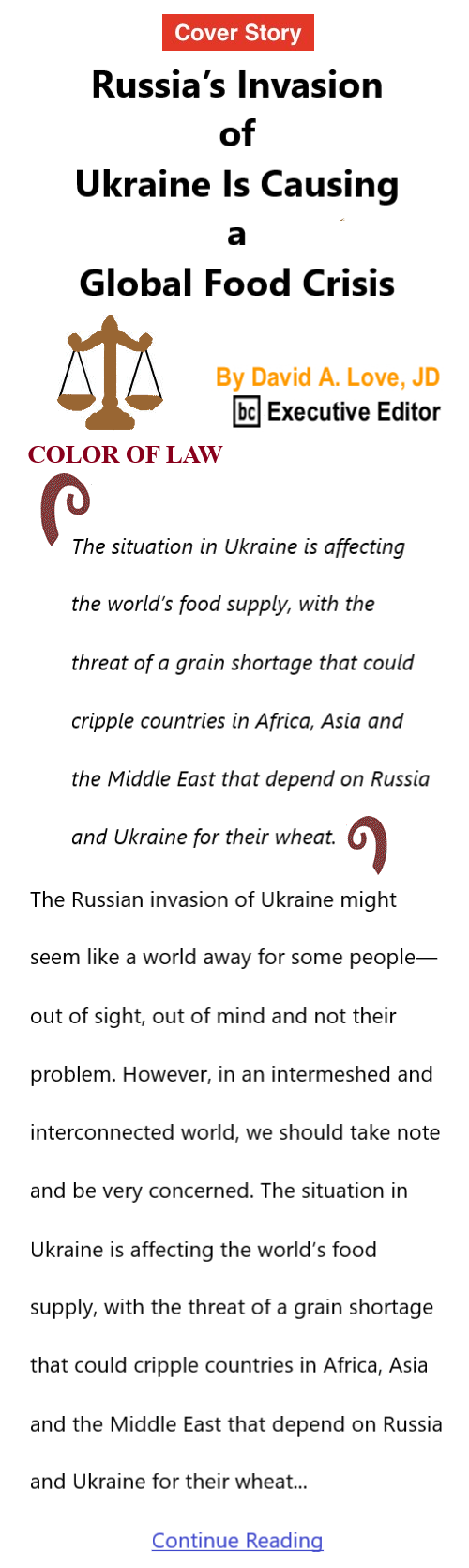 BlackCommentator.com Mar 31, 2022 - Issue 904: Cover Story - Russia’s Invasion of Ukraine Is Causing a Global Food Crisis - Color of Law By David A. Love, JD, BC Executive Editor