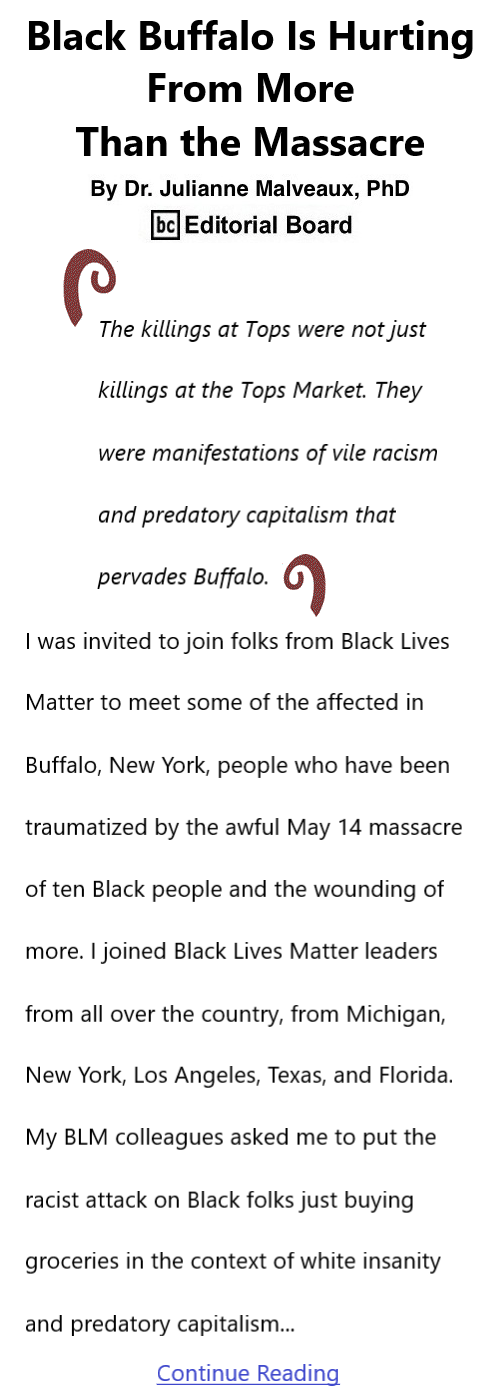 BlackCommentator.com June 16, 2022 - Issue 915: Black Buffalo Is Hurting From More Than the Massacre By Dr. Julianne Malveaux, PhD, BC Editorial Board