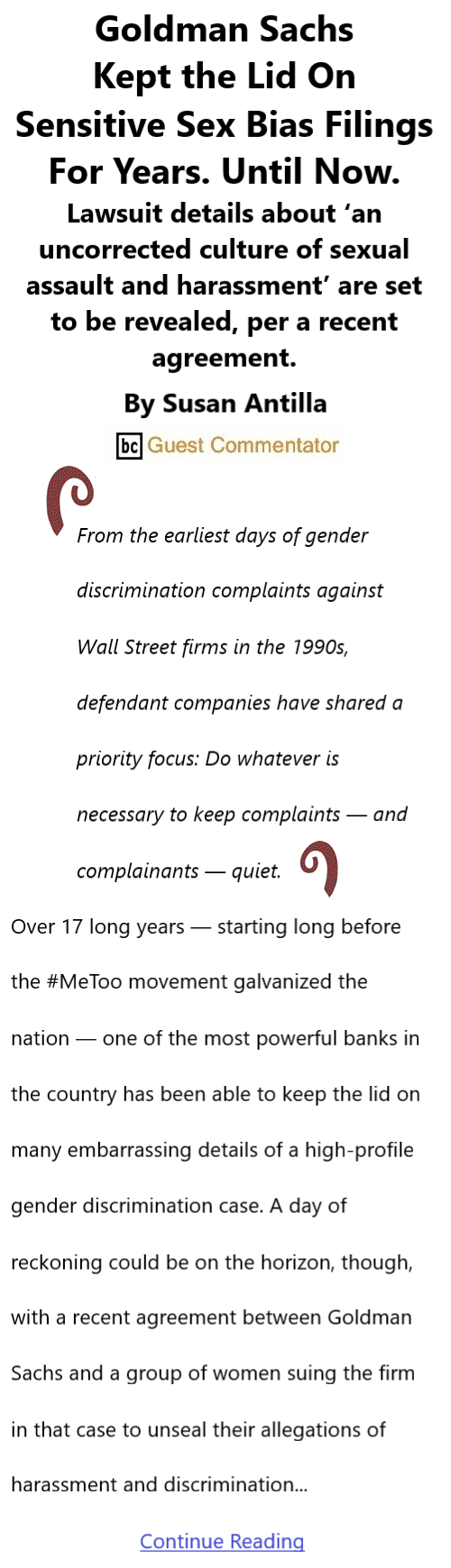 BlackCommentator.com July 28, 2022 - Issue 921: Goldman Sachs Kept the Lid On Sensitive Sex Bias Filings For Years. Until Now. By Susan Antilla, BC Guest Commentator
