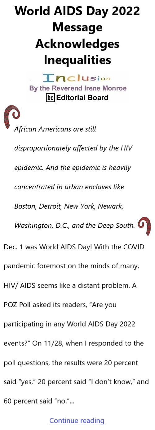 BlackCommentator.com Issue 934: World AIDS Day 2022 Message Acknowledges Inequalities - Inclusion By The Reverend Irene Monroe, BC Editorial Board
