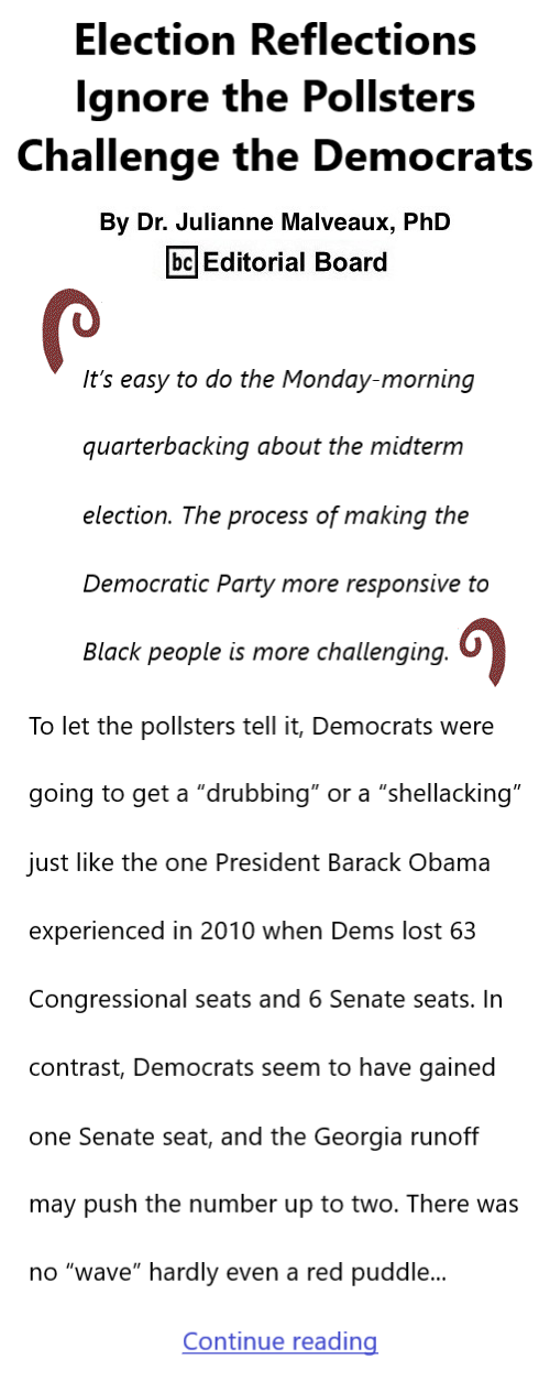 BlackCommentator.com Issue 934: Election Reflections – Ignore the Pollsters, Challenge the Democrats By Dr. Julianne Malveaux, PhD, BC Editorial Board