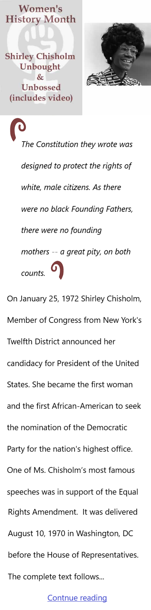 BlackCommentator.com Mar 16, 2023 - Issue 947: Women's History Month - Shirley Chisholm - Unbought and Unbossed