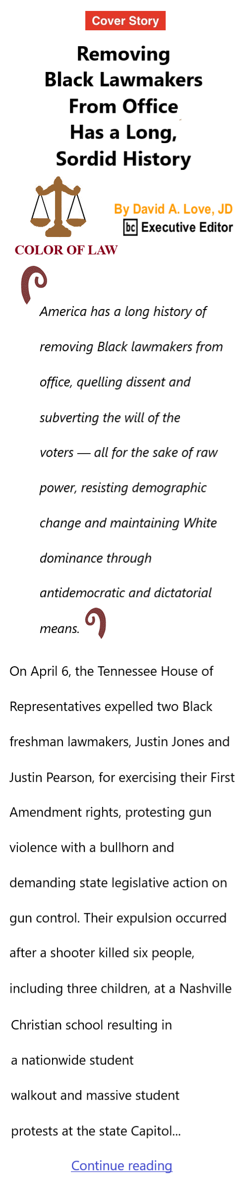 BlackCommentator.com Apr 20, 2023 - Issue 952: Cover Story - Removing Black Lawmakers From Office Has a Long, Sordid History - Color of Law By David A. Love, JD, BC Executive Editor