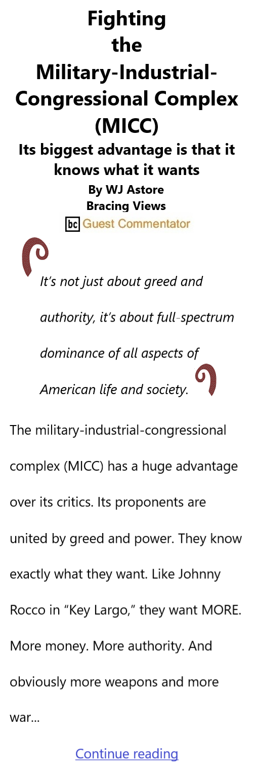 BlackCommentator.com June 1. 2023 - Issue 958: Fighting the Military-Industrial-Congressional Complex (MICC) By WJ Astore, Bracing Views, BC Guest Commentator