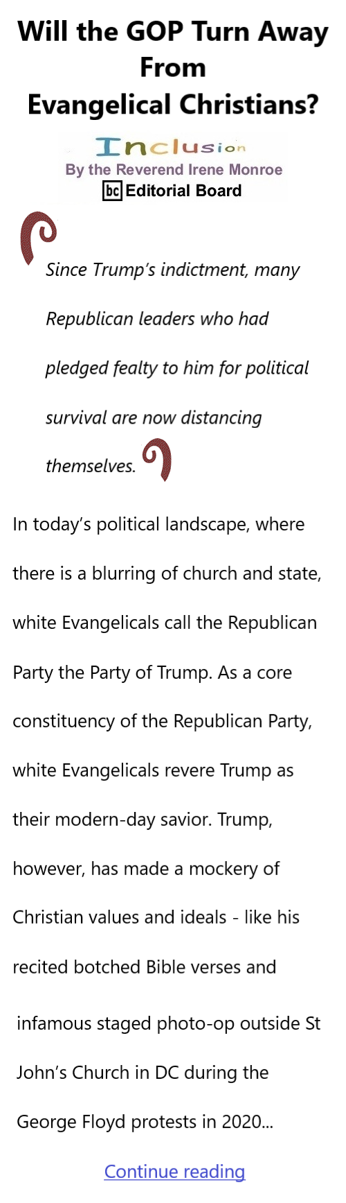 BlackCommentator.com July 6, 2023 - Issue 963: Will the GOP Turn Away From Evangelical Christians? - Inclusion By The Reverend Irene Monroe, BC Editorial Board