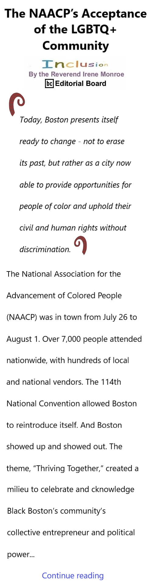 BlackCommentator.com Sept 7, 2023 - Issue 968: The NAACP’s Acceptance of the LGBTQ+ Community - Inclusion By The Reverend Irene Monroe, BC Editorial Board