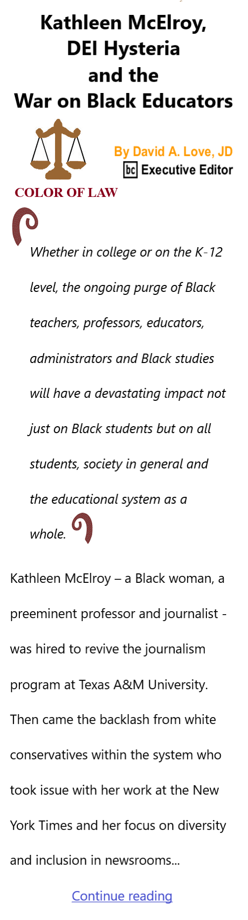 BlackCommentator.com Sept 28, 2023 - Issue 971: Kathleen McElroy, DEI Hysteria and the War on Black Educators - Color of Law By David A. Love, JD, BC Executive Editor