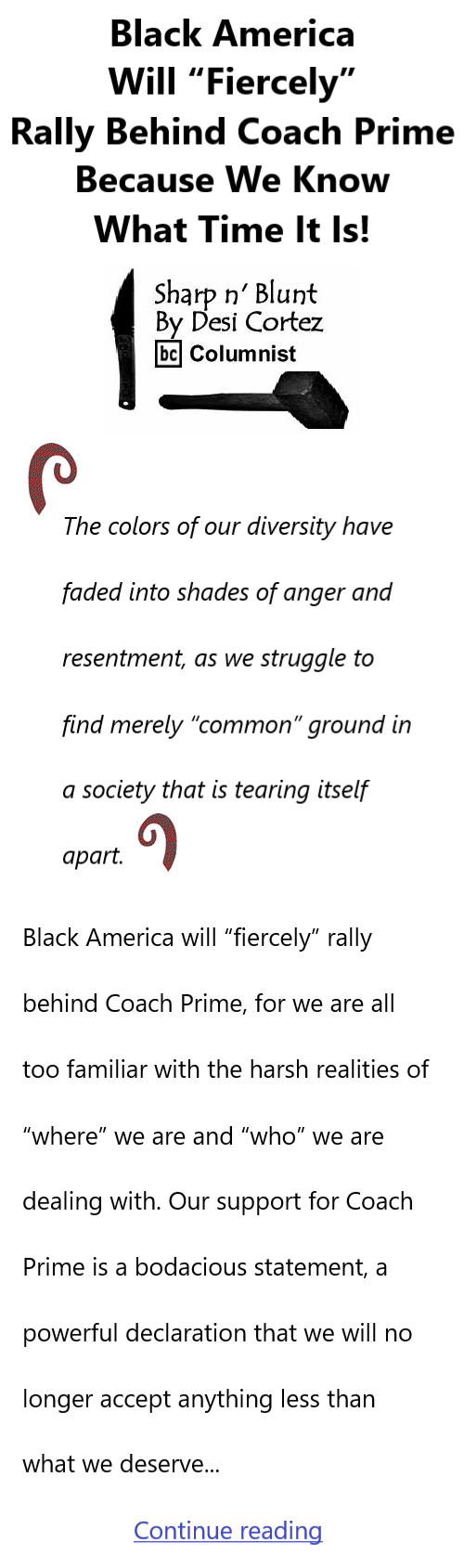 BlackCommentator.com Sept 28, 2023 - Issue 971: Black America Will “Fiercely” Rally Behind Coach Prime Because We Know What Time It Is! - Sharp n' Blunt By Desi Cortez, BC Columnist