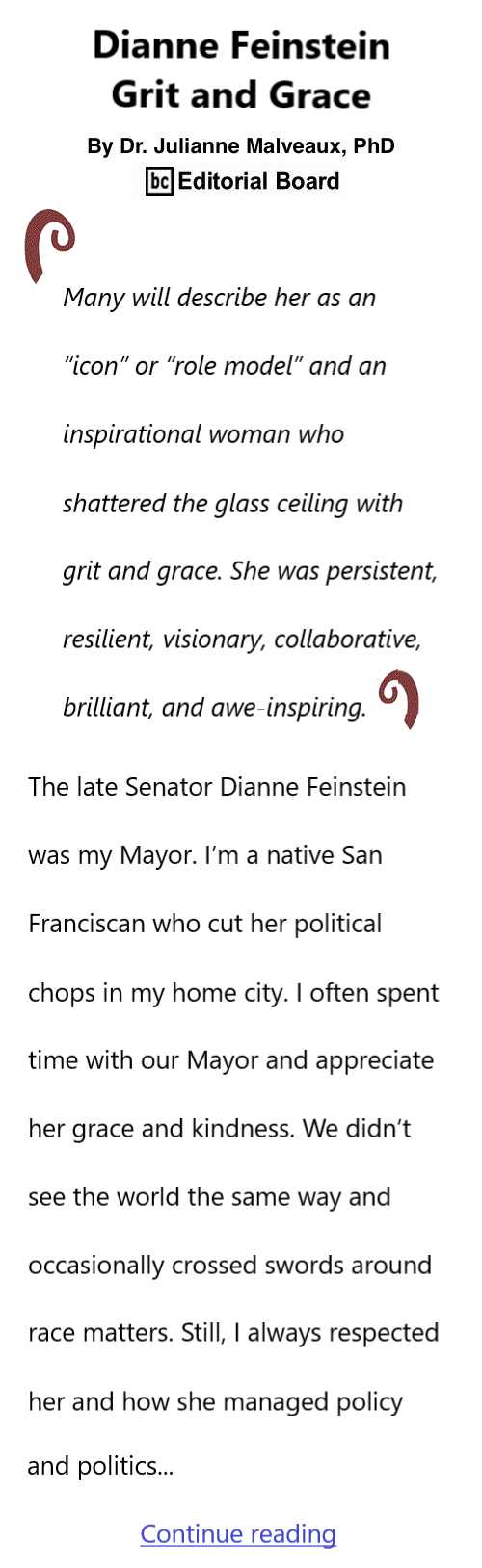 BlackCommentator.com Oct 5, 2023 - Issue 972: Dianne Feinstein: Grit and Grace By Dr. Julianne Malveaux, PhD, BC Editorial Board