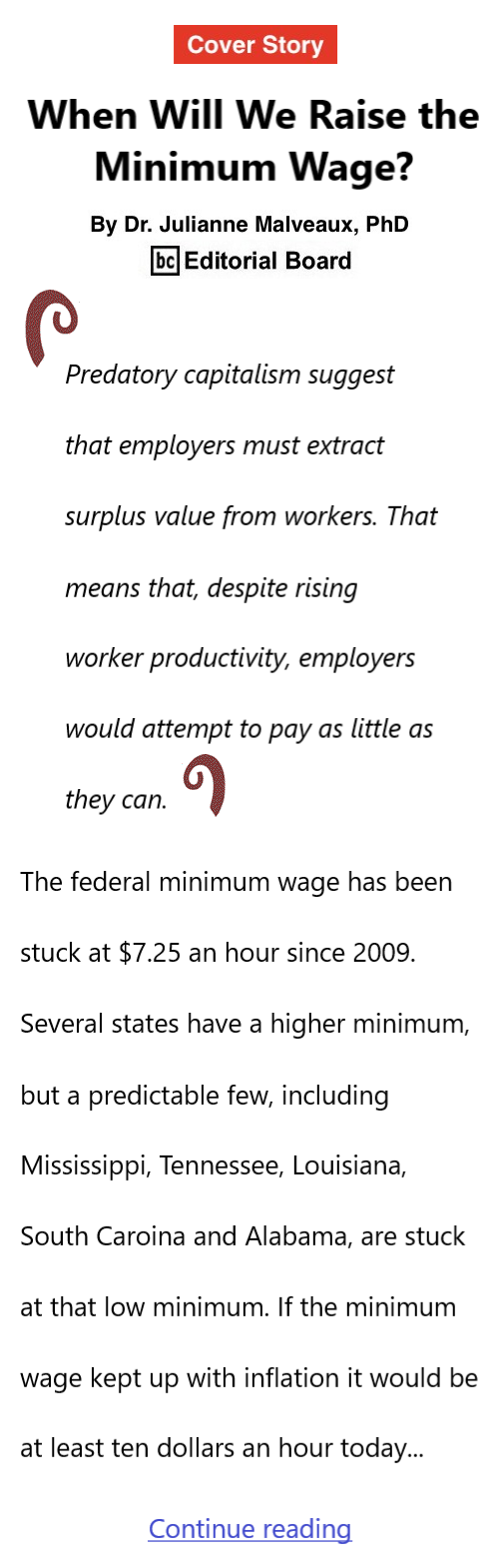 BlackCommentator.com Oct 12, 2023 - Issue 973: Cover Story - When Will We Raise the Minimum Wage? By Dr. Julianne Malveaux, PhD, BC Editorial Board