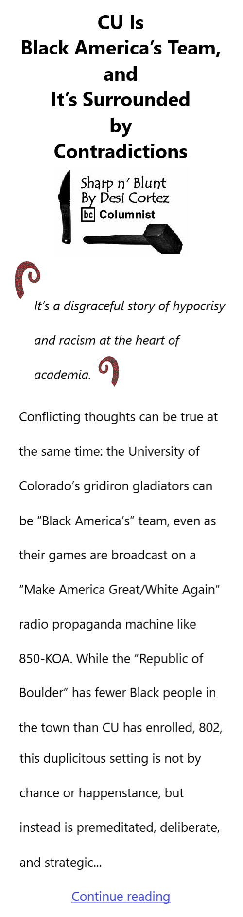 BlackCommentator.com Oct 12, 2023 - Issue 973: CU Is Black America’s Team, and It’s Surrounded by Contradictions - Sharp n' Blunt By Desi Cortez, BC Columnist