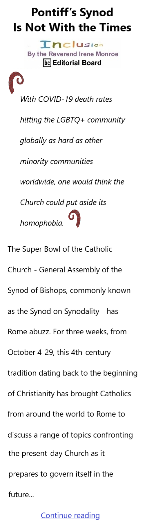 BlackCommentator.com Oct 19, 2023 - Issue 974: Pontiff’s Synod Is Not With the Times - Inclusion By The Reverend Irene Monroe, BC Editorial Board