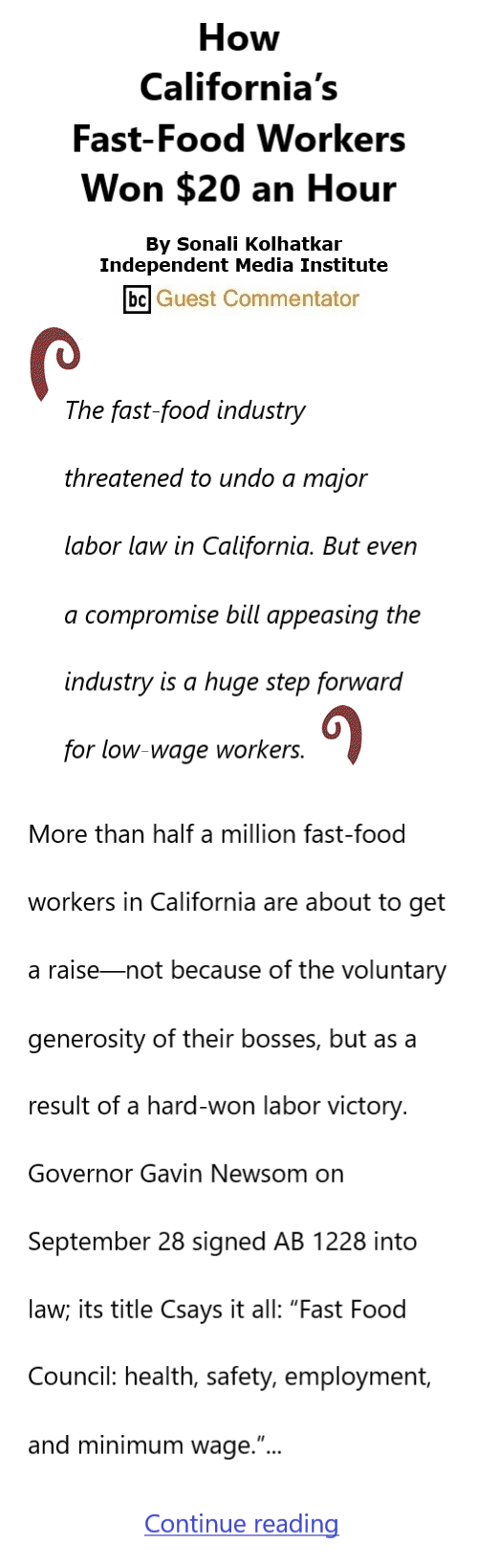 BlackCommentator.com Oct 19, 2023 - Issue 974: How California’s Fast-Food Workers Won $20 an Hour By Sonali Kolhatkar, Independent Media Institute, BC Guest Commentator