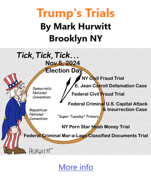 BlackCommentator.com Nov 16, 2023 - Issue 978: Trump's Trials - Political Cartoon By Mark Hurwitt, Brooklyn NY