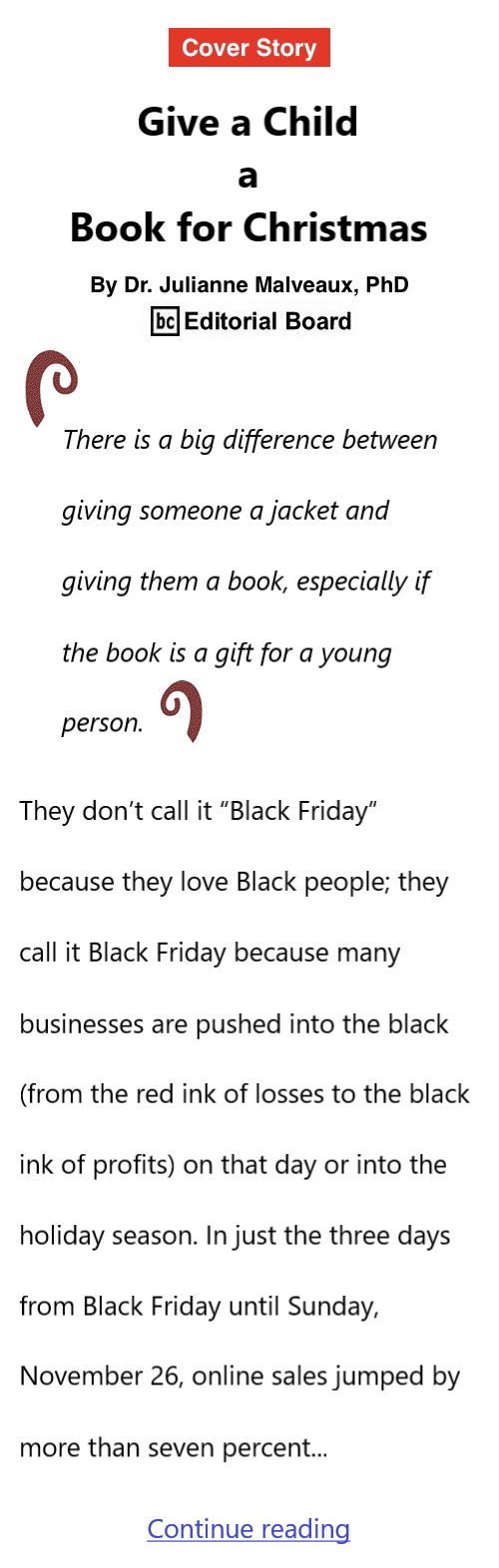 BlackCommentator.com Dec 7, 2023 - Issue 981: Cover Story - Give a Child a Book for Christmas By Dr. Julianne Malveaux, PhD, BC Editorial Board