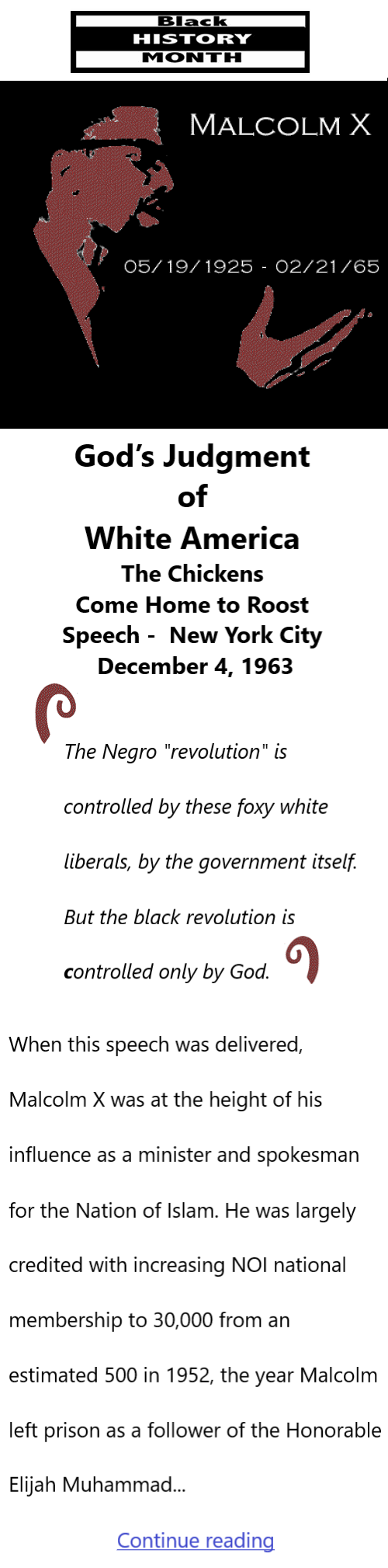 BlackCommentator.com Feb 1, 2024 - Issue 986: Black History Month - Malcolm X - God’s Judgment of White America (The Chickens Come Home to Roost) Speech - New York City, December 4, 1963