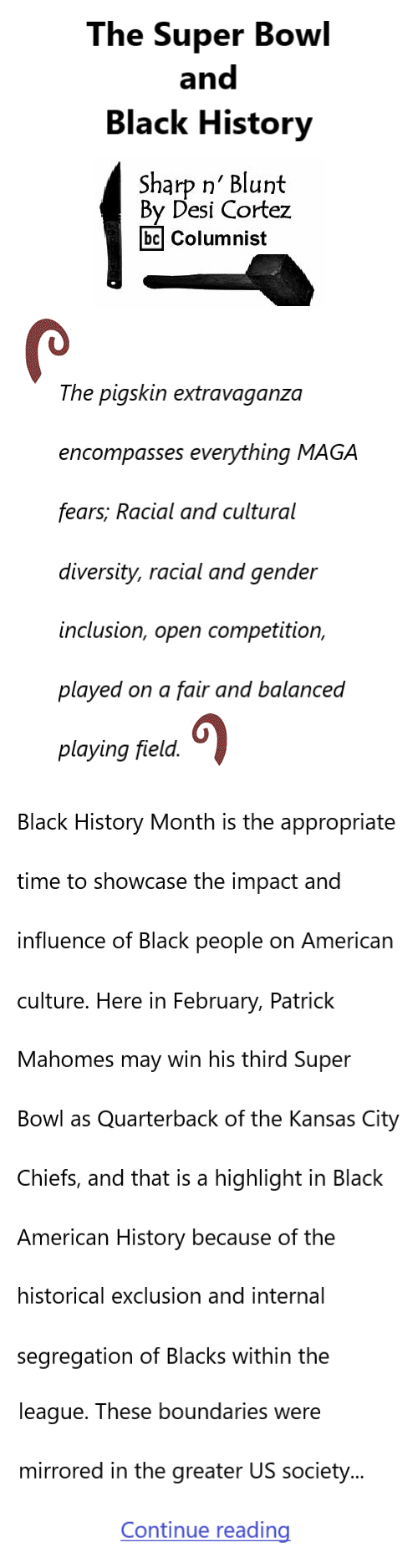 BlackCommentator.com Feb 8, 2024 - Issue 987: Black History Month - The Super Bowl and Black History - Sharp n' Blunt By Desi Cortez, BC Columnist