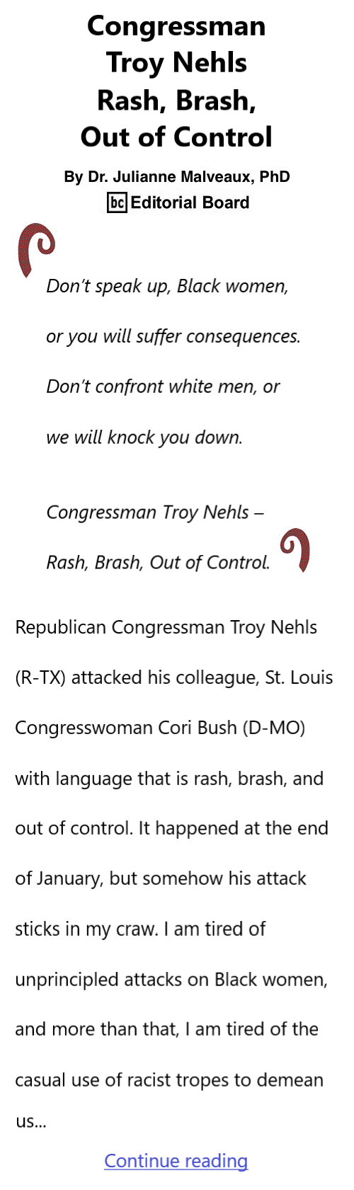 BlackCommentator.com Feb 8, 2024 - Issue 987: Congressman Troy Nehls – Rash, Brash, Out of Control By Dr. Julianne Malveaux, PhD, BC Editorial Board