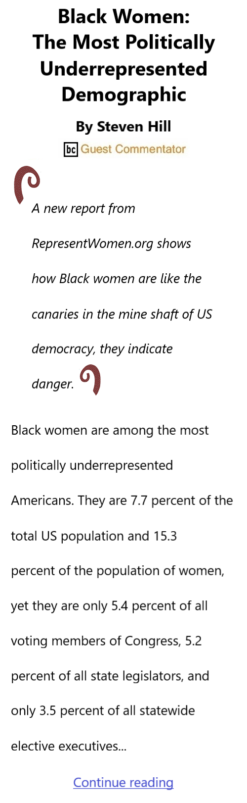 BlackCommentator.com Feb 22, 2024 - Issue 989: Black History Month - Black Women: The Most Politically Underrepresented Demographic By Steven Hill, BC Guest Commentator