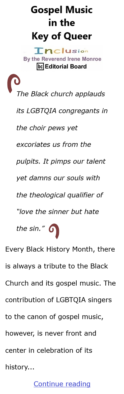 BlackCommentator.com Feb 29, 2024 - Issue 990: Black History Month: Gospel Music in the Key of Queer - Inclusion By The Reverend Irene Monroe, BC Editorial Board