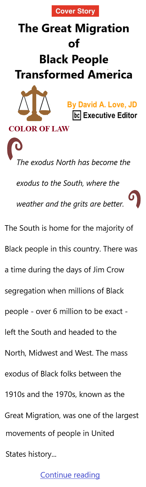 BlackCommentator.com Apr 25, 2024 - Issue 998: Cover Story - The Great Migration of Black People Transformed America - Color of Law By David A. Love, JD, BC Executive Editor